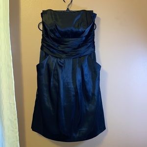 Black satin strapless dress with pockets, gathered waist